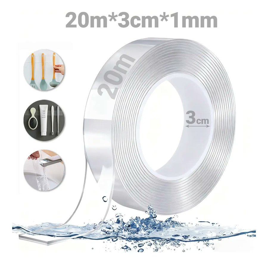 Cinta nano adhesiva de doble cara, 20 m, lavable y reutilizable